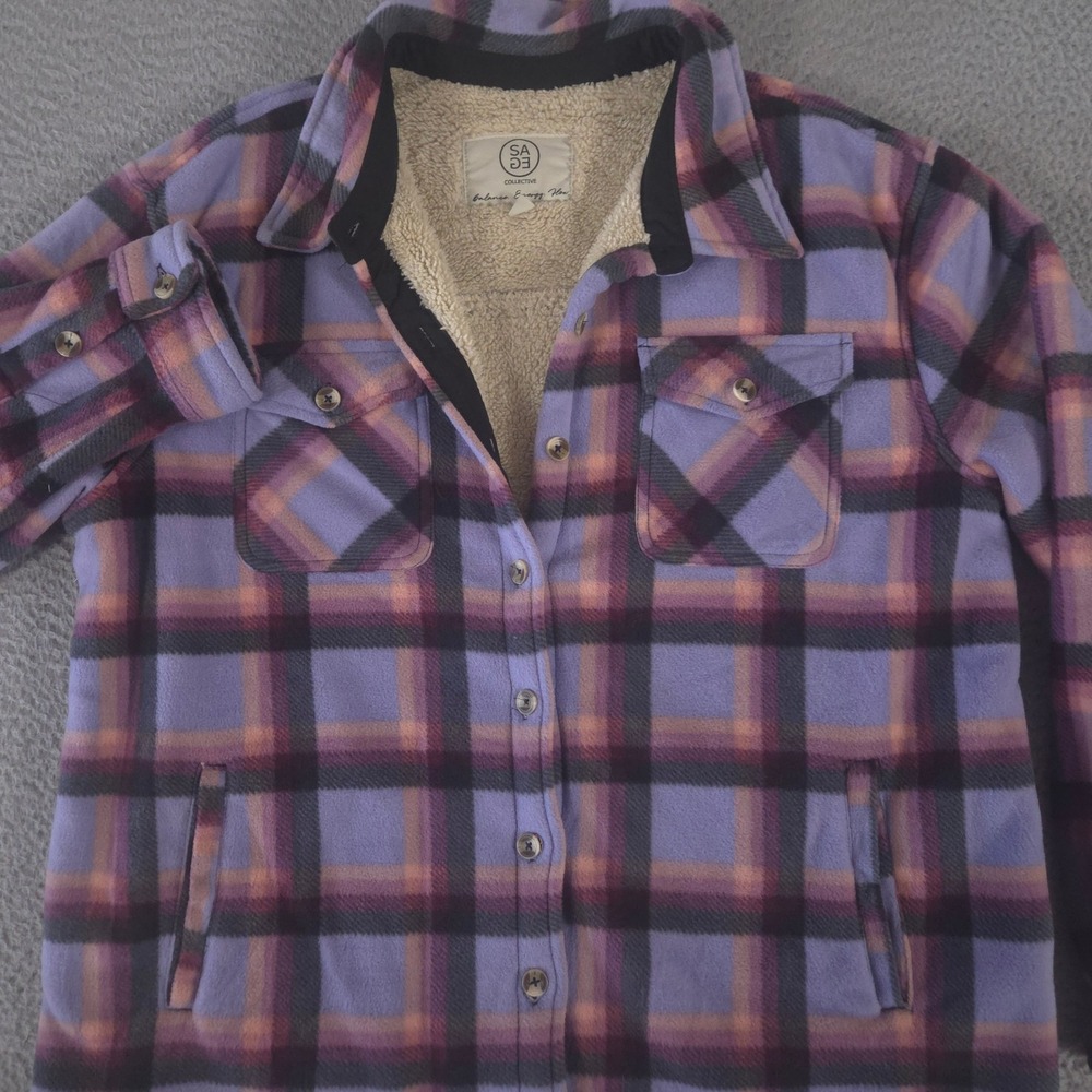 Sage Collective Jacket Womens L Purple Plaid Fleece Sherpa Lined Plush Shacket